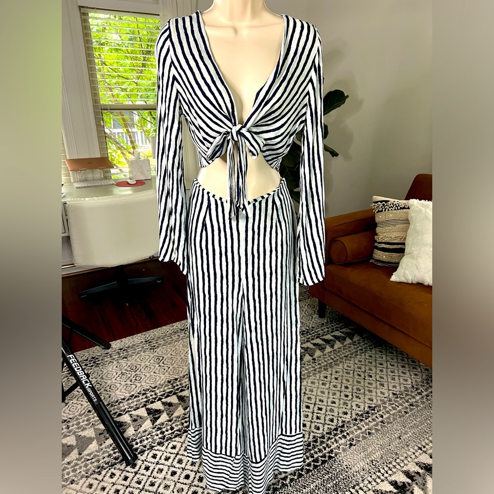 Size small navy & white striped 2 piece set with crop top and long flowy pants
